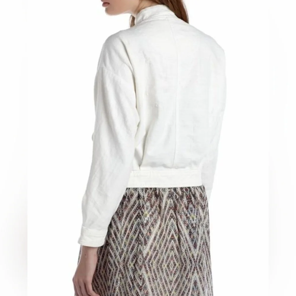 Free People OB407552 White Distressed Tennis Denim Jacket M Boho - Picture 2 of 9
